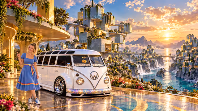 Blonde Iridella in Rainbow Brite-inspired clothing beside the pearl-white custom Volkswagen Samba Starlite at Cubiq, with an expansive fantasy landscape.