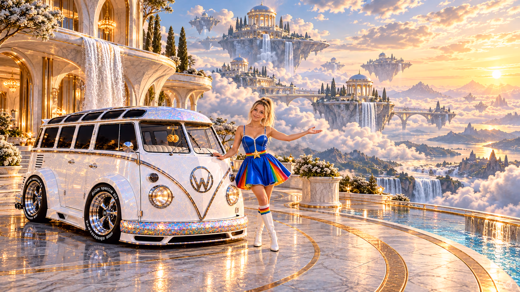 Blonde Iridella in Rainbow Brite-inspired clothing beside the pearl-white custom Volkswagen Samba Starlite at Silvaroy, with an expansive fantasy landscape.