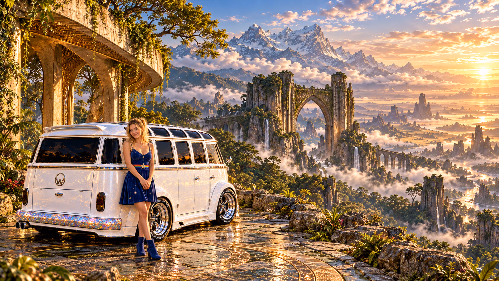 Blonde Iridella in Rainbow Brite-inspired clothing beside the pearl-white custom Volkswagen Samba Starlite at Terrawild, with an expansive fantasy landscape.