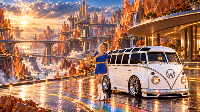 Blonde Iridella in Rainbow Brite-inspired clothing beside the pearl-white custom Volkswagen Samba Starlite at Papayra, with an expansive fantasy landscape.