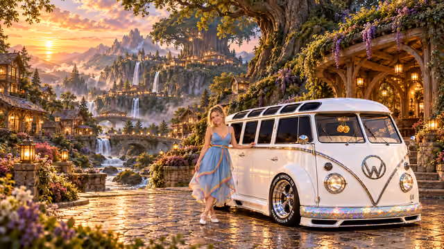 Blonde Iridella in Rainbow Brite-inspired clothing beside the pearl-white custom Volkswagen Samba Starlite at Ashwick, with an expansive fantasy landscape.