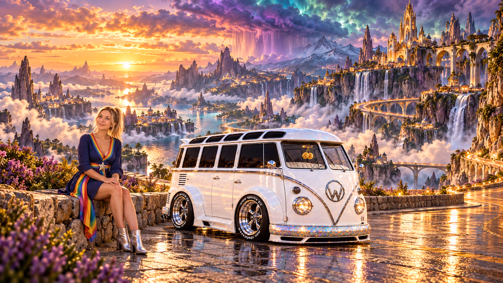 Blonde Iridella in Rainbow Brite-inspired clothing beside the pearl-white custom Volkswagen Samba Starlite at Wildspire, with an expansive fantasy landscape.