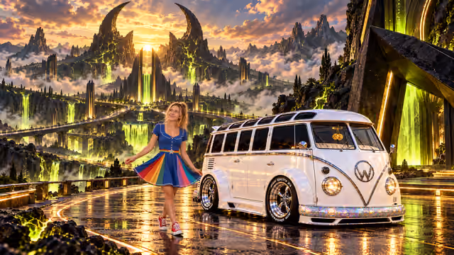 Blonde Iridella in Rainbow Brite-inspired clothing beside the pearl-white custom Volkswagen Samba Starlite at Tauraxis, with an expansive fantasy landscape.