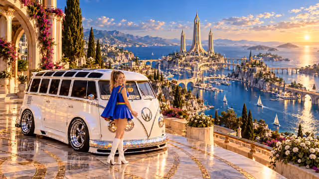 Blonde Iridella in Rainbow Brite-inspired clothing beside the pearl-white custom Volkswagen Samba Starlite at Tridentis, with an expansive fantasy landscape.