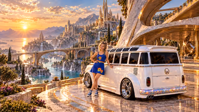 Blonde Iridella in Rainbow Brite-inspired clothing beside the pearl-white custom Volkswagen Samba Starlite at Artifex, with an expansive fantasy landscape.