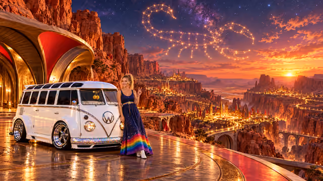 Blonde Iridella in Rainbow Brite-inspired clothing beside the pearl-white custom Volkswagen Samba Starlite at Scorpiora, with an expansive fantasy landscape.