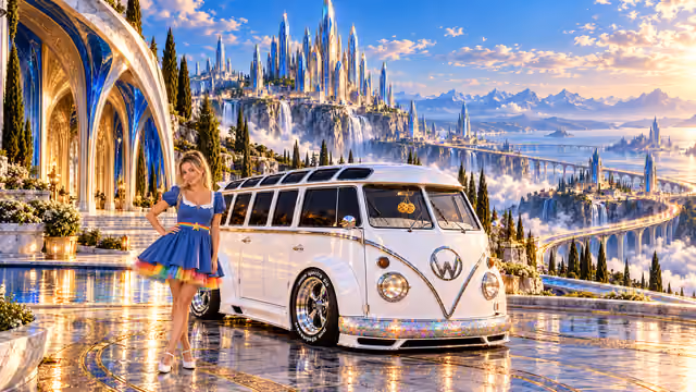 Blonde Iridella in Rainbow Brite-inspired clothing beside the pearl-white custom Volkswagen Samba Starlite at Molsaria, with an expansive fantasy landscape.