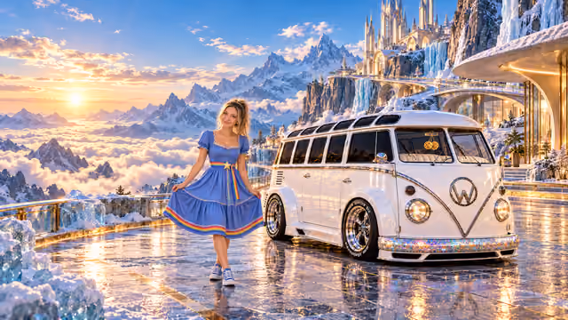 Blonde Iridella in Rainbow Brite-inspired clothing beside the pearl-white custom Volkswagen Samba Starlite at Glaciera, with an expansive fantasy landscape.