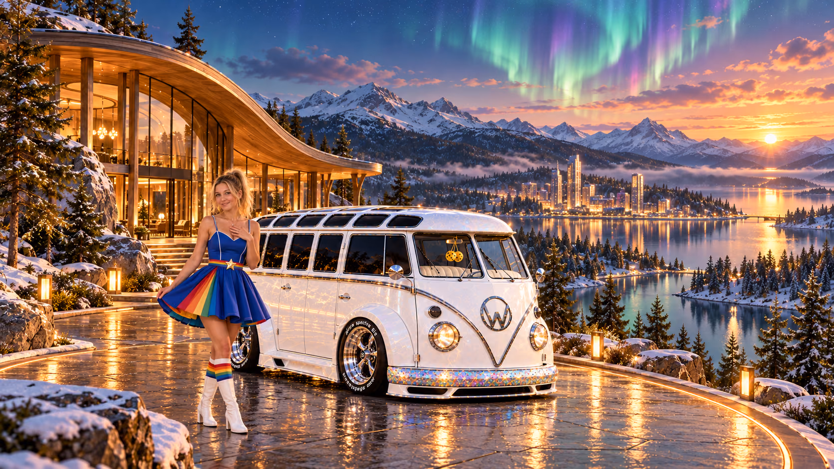 Blonde Iridella in Rainbow Brite-inspired clothing beside the pearl-white custom Volkswagen Samba Starlite at Vallora, with an expansive fantasy landscape.