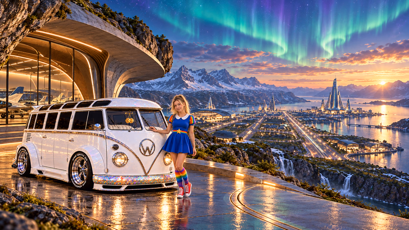 Blonde Iridella in Rainbow Brite-inspired clothing beside the pearl-white custom Volkswagen Samba Starlite at Aerovik, with an expansive fantasy landscape.