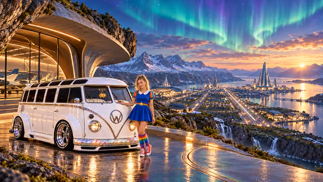 Blonde Iridella in Rainbow Brite-inspired clothing beside the pearl-white custom Volkswagen Samba Starlite at Aerovik, with an expansive fantasy landscape.