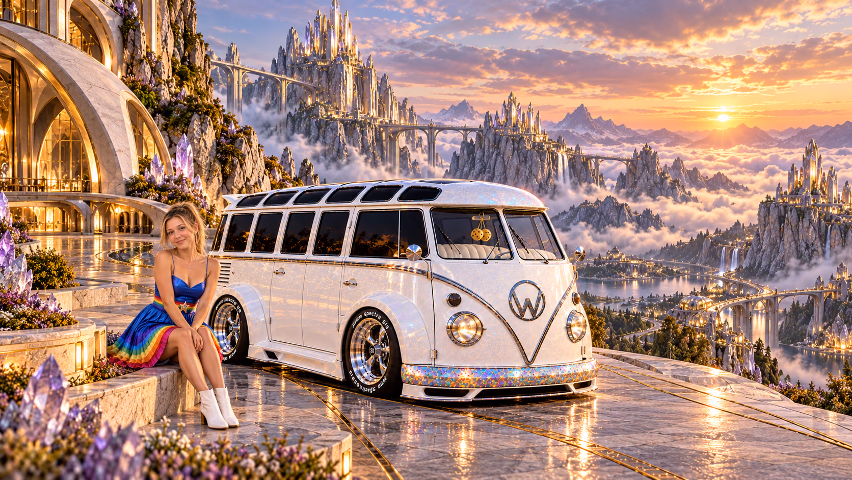 Blonde Iridella in Rainbow Brite-inspired clothing beside the pearl-white custom Volkswagen Samba Starlite at Crownspire, with an expansive fantasy landscape.