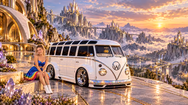 Blonde Iridella in Rainbow Brite-inspired clothing beside the pearl-white custom Volkswagen Samba Starlite at Crownspire, with an expansive fantasy landscape.