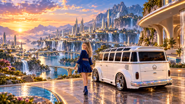 Blonde Iridella in Rainbow Brite-inspired clothing beside the pearl-white custom Volkswagen Samba Starlite at Hythera, with an expansive fantasy landscape.