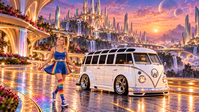 Blonde Iridella in Rainbow Brite-inspired clothing beside the pearl-white custom Volkswagen Samba Starlite at Kinetra, with an expansive fantasy landscape.