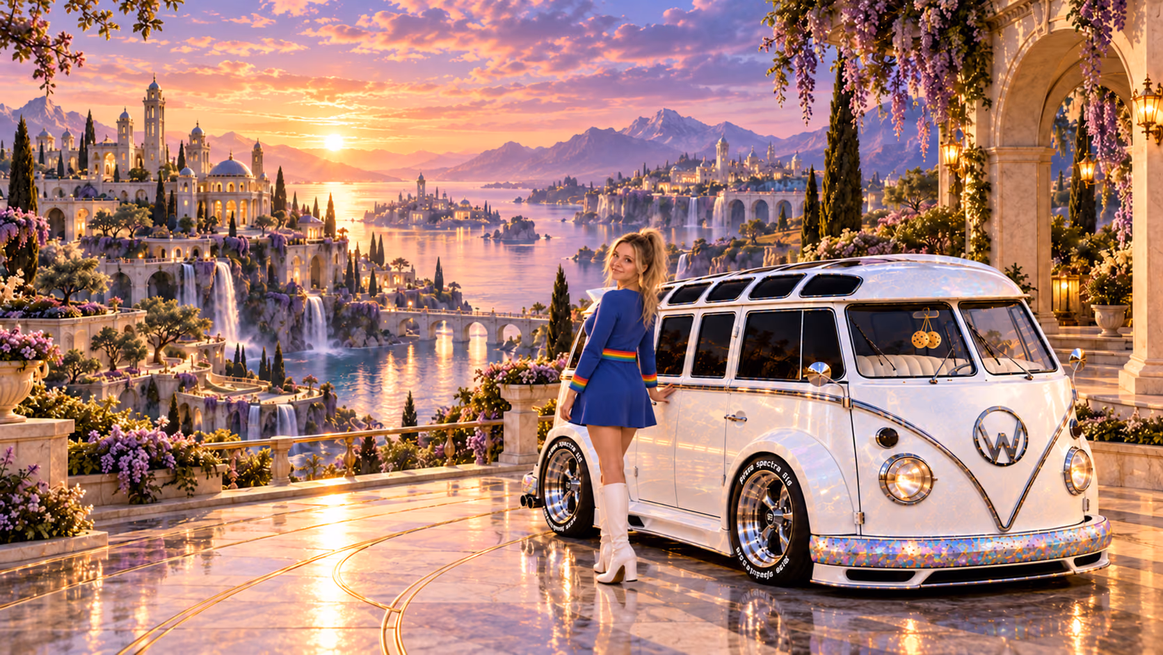 Blonde Iridella in Rainbow Brite-inspired clothing beside the pearl-white custom Volkswagen Samba Starlite at Edenora, with an expansive fantasy landscape.
