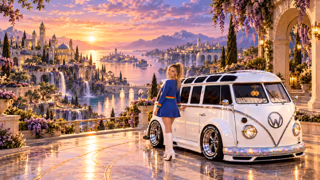 Blonde Iridella in Rainbow Brite-inspired clothing beside the pearl-white custom Volkswagen Samba Starlite at Edenora, with an expansive fantasy landscape.