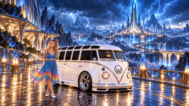 Blonde Iridella in Rainbow Brite-inspired clothing beside the pearl-white custom Volkswagen Samba Starlite at Tempestris, with an expansive fantasy landscape.