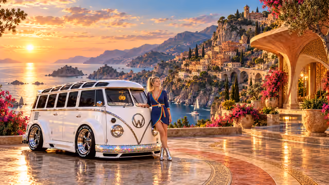 Blonde Iridella in Rainbow Brite-inspired clothing beside the pearl-white custom Volkswagen Samba Starlite at Solmara, with an expansive fantasy landscape.