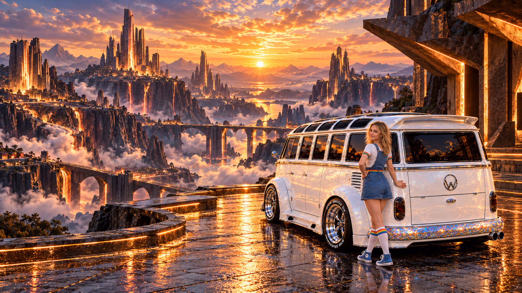 Blonde Iridella in Rainbow Brite-inspired clothing beside the pearl-white custom Volkswagen Samba Starlite at Cuprion, with an expansive fantasy landscape.