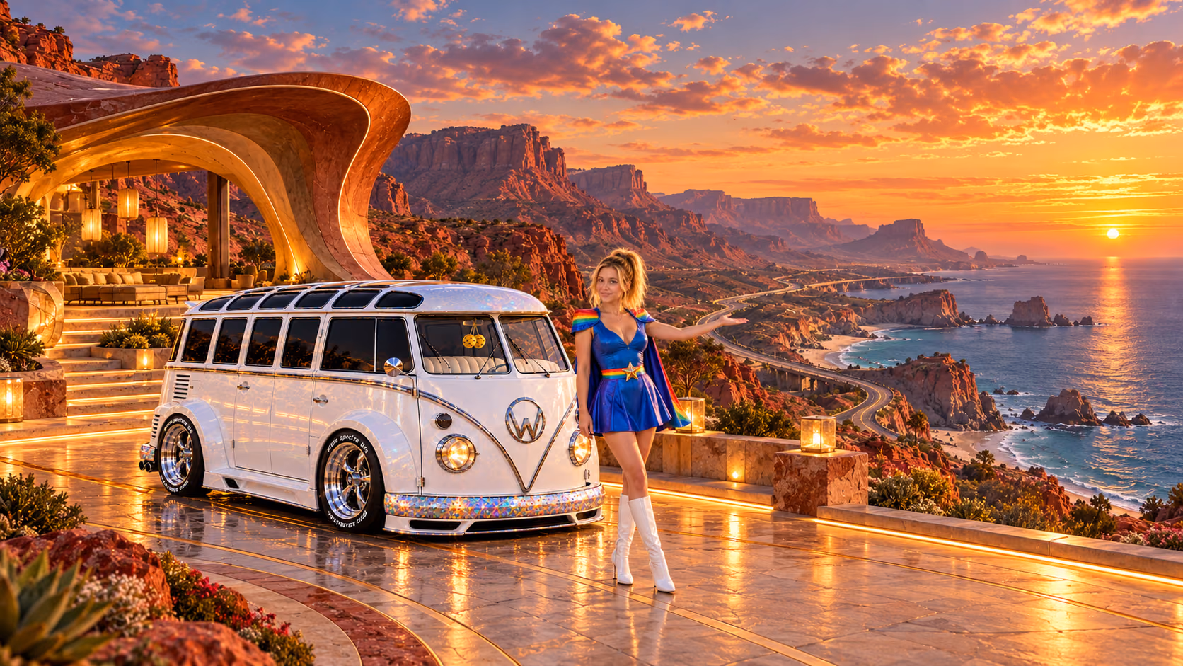 Blonde Iridella in Rainbow Brite-inspired clothing beside the pearl-white custom Volkswagen Samba Starlite at Lionreach, with an expansive fantasy landscape.