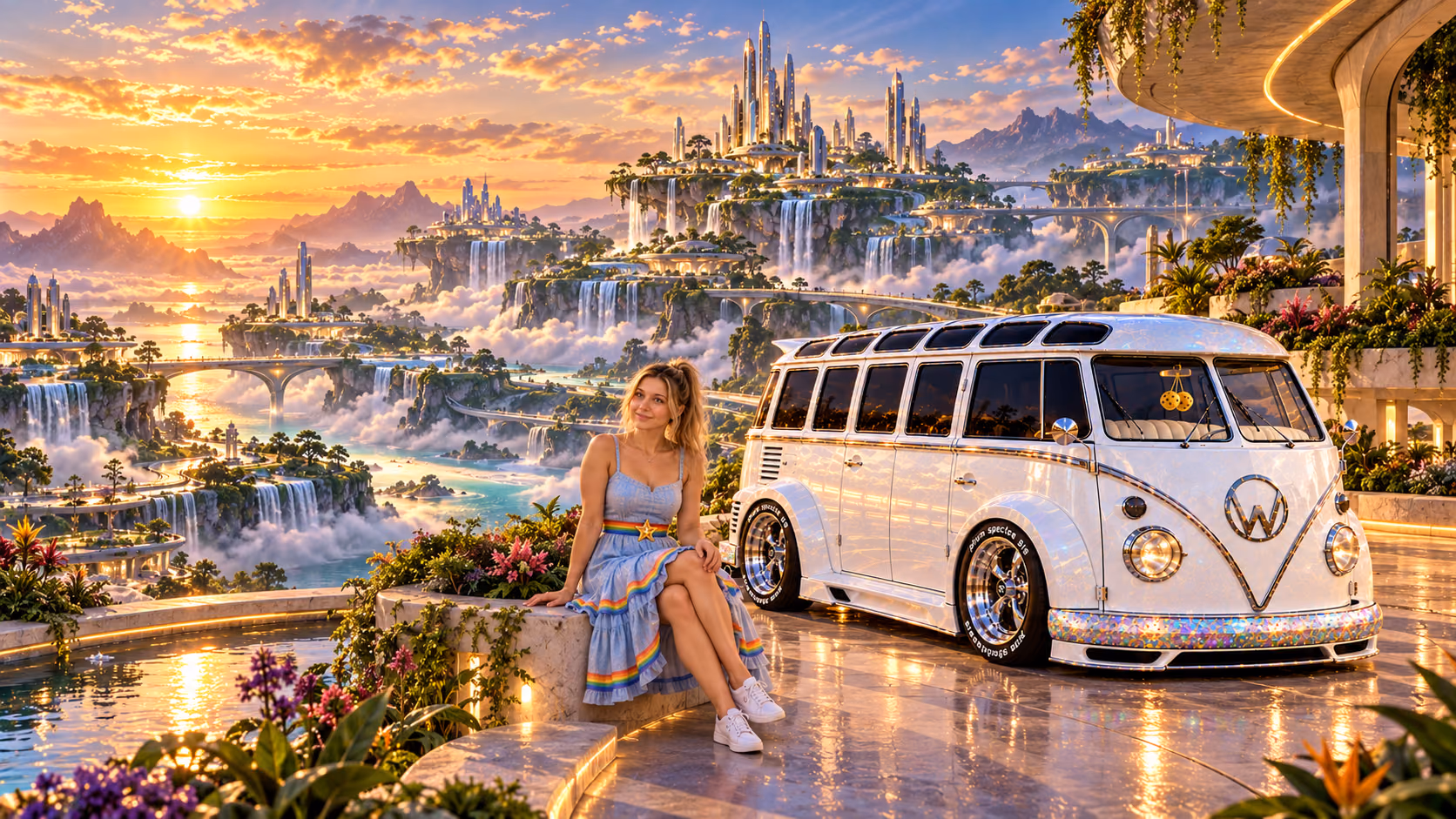 Blonde Iridella in Rainbow Brite-inspired clothing beside the pearl-white custom Volkswagen Samba Starlite at Geoluma, with an expansive fantasy landscape.