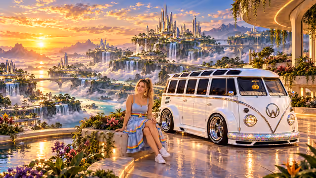 Blonde Iridella in Rainbow Brite-inspired clothing beside the pearl-white custom Volkswagen Samba Starlite at Geoluma, with an expansive fantasy landscape.