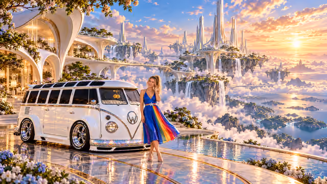 Blonde Iridella in Rainbow Brite-inspired clothing beside the pearl-white custom Volkswagen Samba Starlite at Nimbora, with an expansive fantasy landscape.