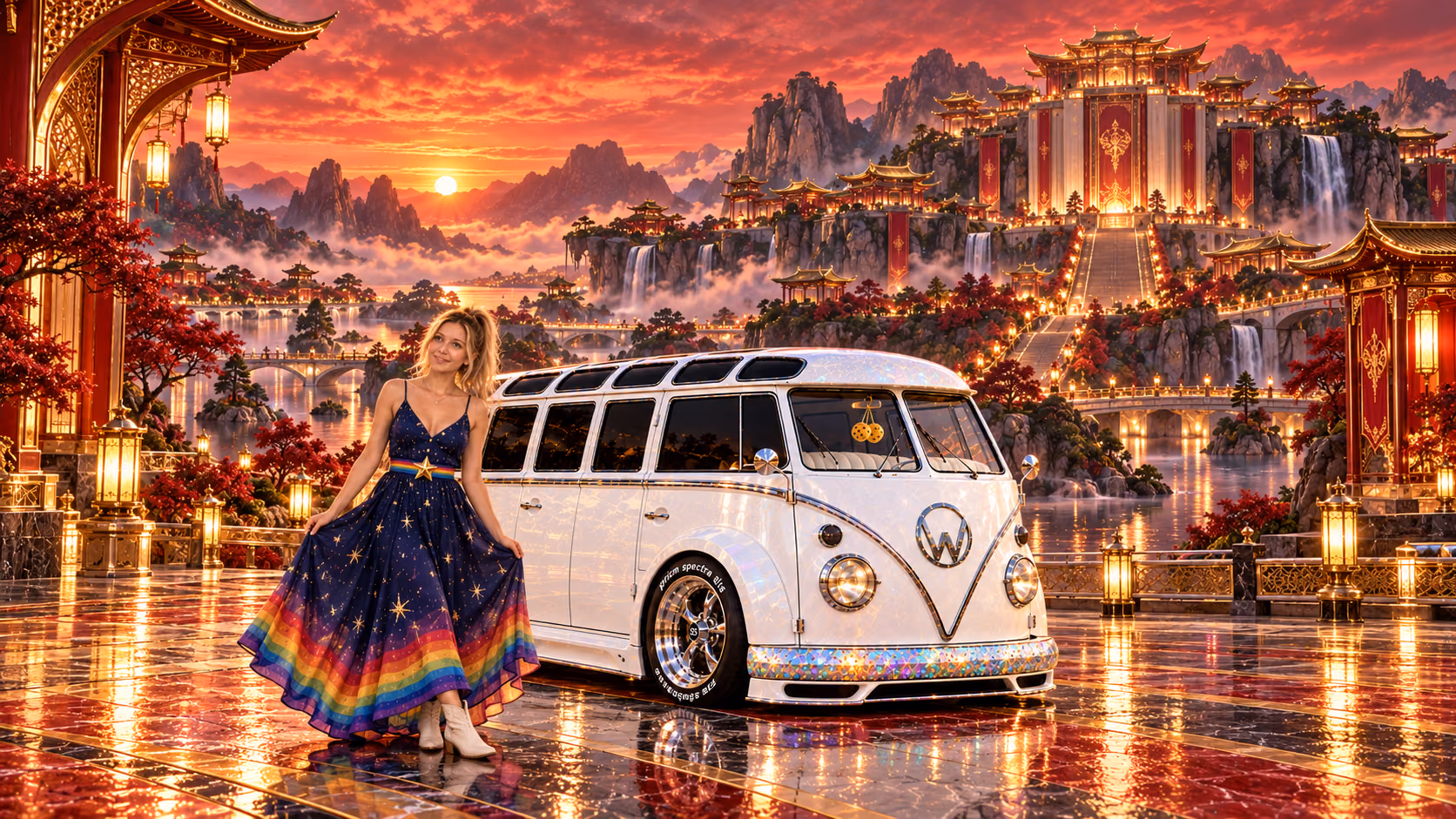 Blonde Iridella in Rainbow Brite-inspired clothing beside the pearl-white custom Volkswagen Samba Starlite at Crimson Crown, with an expansive fantasy landscape.