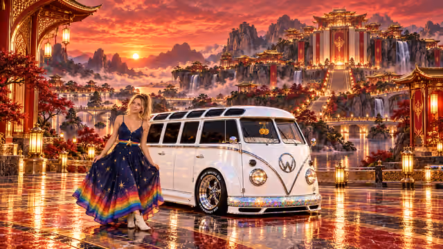 Blonde Iridella in Rainbow Brite-inspired clothing beside the pearl-white custom Volkswagen Samba Starlite at Crimson Crown, with an expansive fantasy landscape.