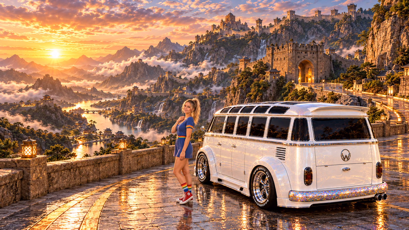Blonde Iridella in Rainbow Brite-inspired clothing beside the pearl-white custom Volkswagen Samba Starlite at Bastion, with an expansive fantasy landscape.