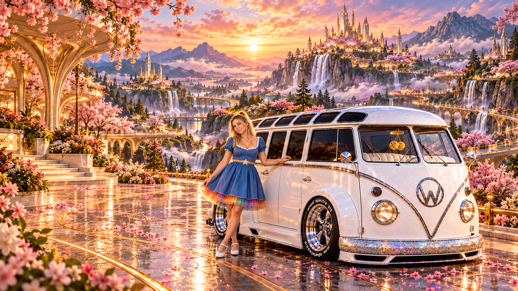 Blonde Iridella in Rainbow Brite-inspired clothing beside the pearl-white custom Volkswagen Samba Starlite at Cherryglass, with an expansive fantasy landscape.