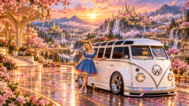 Blonde Iridella in Rainbow Brite-inspired clothing beside the pearl-white custom Volkswagen Samba Starlite at Cherryglass, with an expansive fantasy landscape.