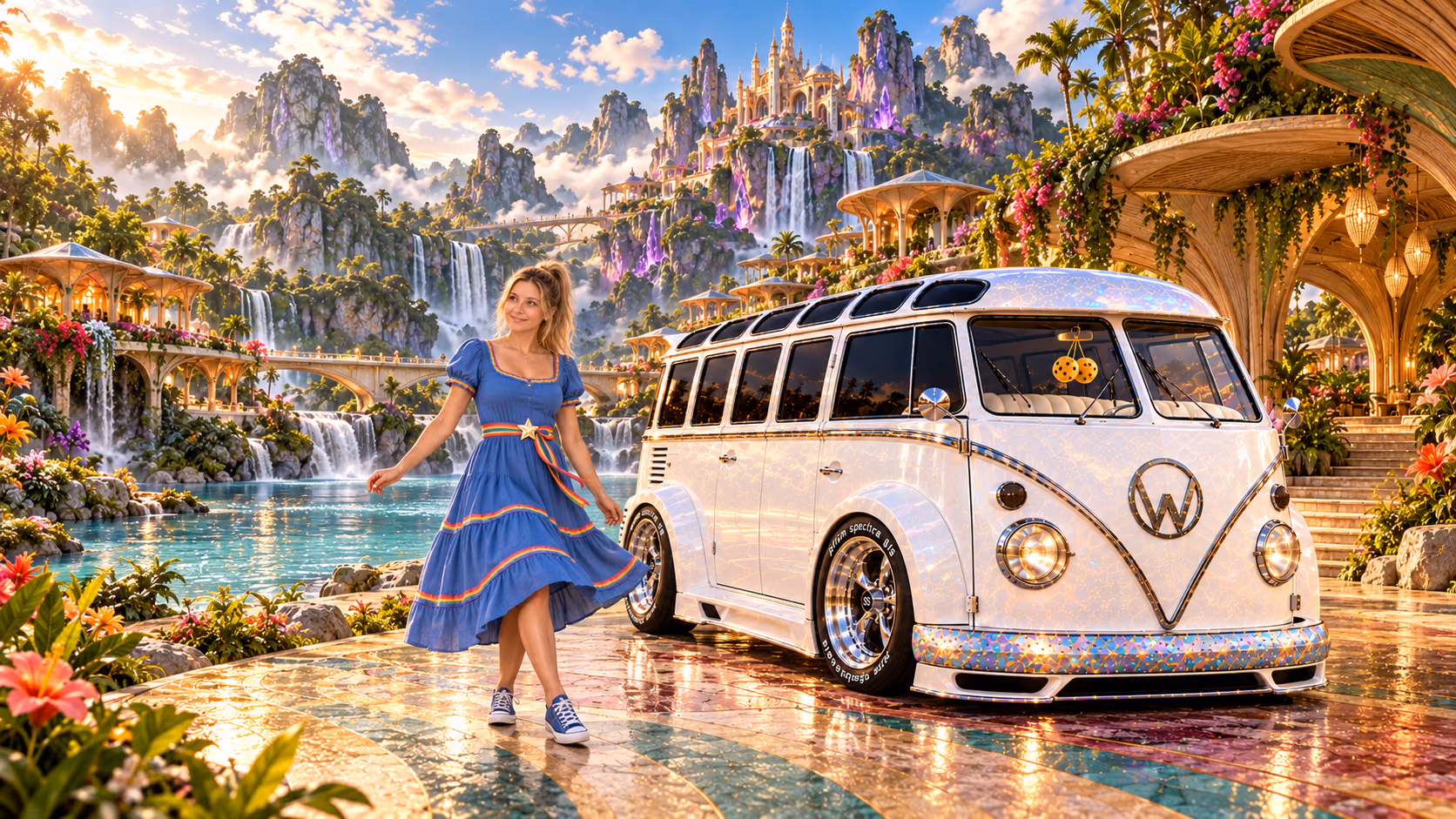Blonde Iridella in Rainbow Brite-inspired clothing beside the pearl-white custom Volkswagen Samba Starlite at Pipora, with an expansive fantasy landscape.