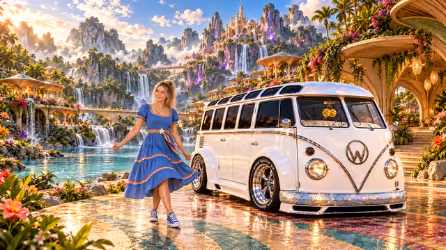 Blonde Iridella in Rainbow Brite-inspired clothing beside the pearl-white custom Volkswagen Samba Starlite at Pipora, with an expansive fantasy landscape.