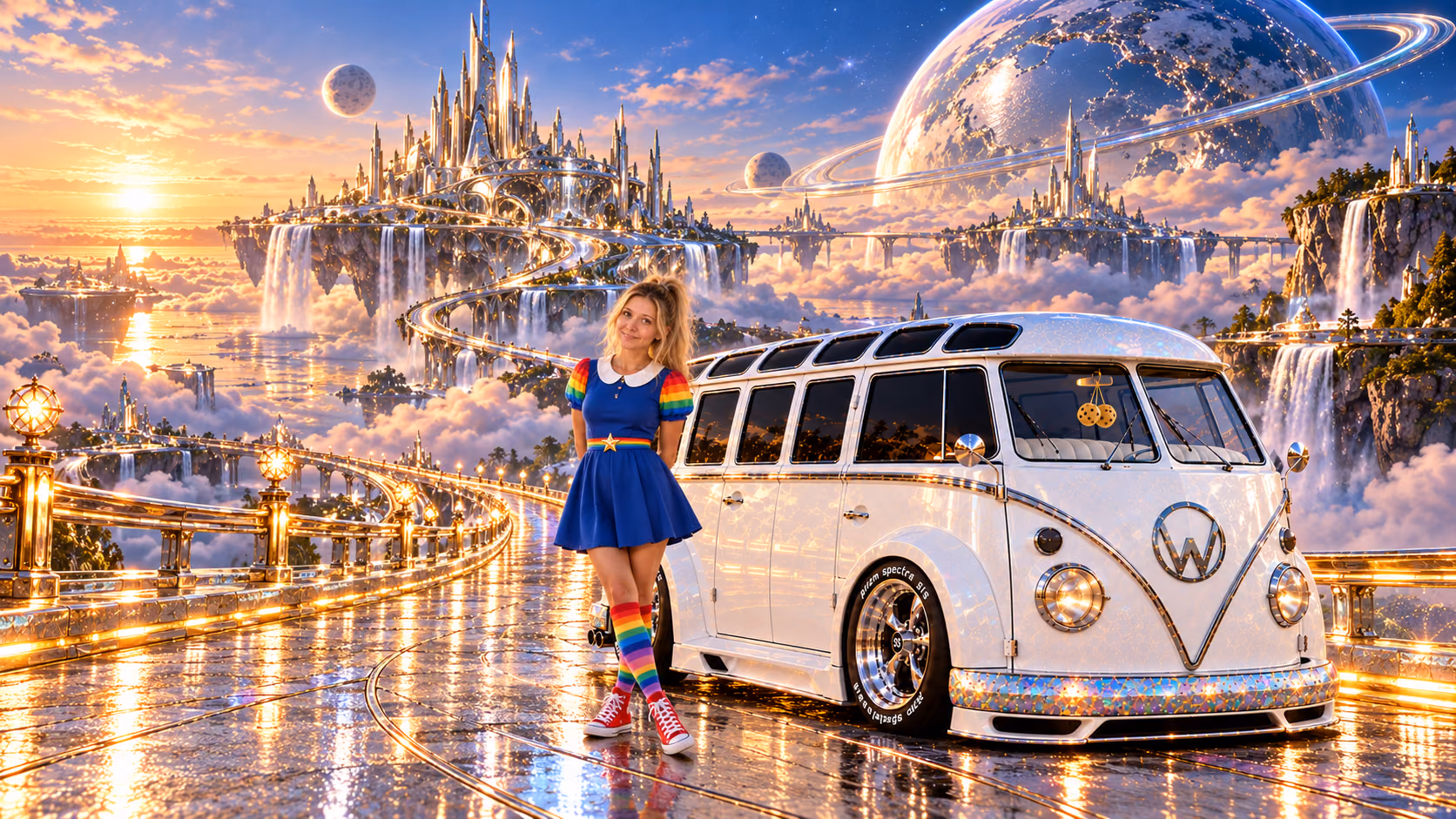 Blonde Iridella in Rainbow Brite-inspired clothing beside the pearl-white custom Volkswagen Samba Starlite at Specularis, with an expansive fantasy landscape.