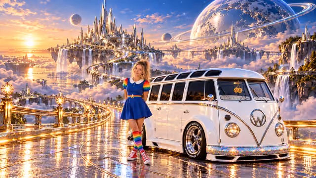 Blonde Iridella in Rainbow Brite-inspired clothing beside the pearl-white custom Volkswagen Samba Starlite at Specularis, with an expansive fantasy landscape.