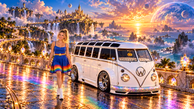 Blonde Iridella in Rainbow Brite-inspired clothing beside the pearl-white custom Volkswagen Samba Starlite at Tempest Reach, with an expansive fantasy landscape.