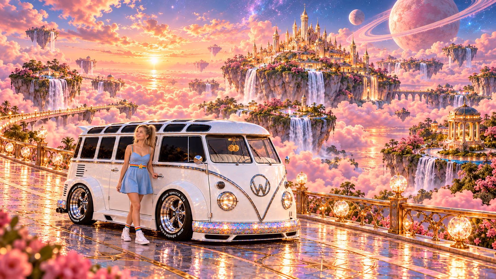 Blonde Iridella in Rainbow Brite-inspired clothing beside the pearl-white custom Volkswagen Samba Starlite at Blush Jubilee, with an expansive fantasy landscape.