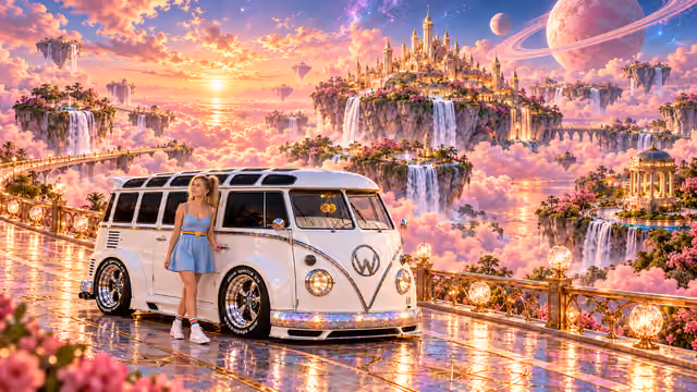 Blonde Iridella in Rainbow Brite-inspired clothing beside the pearl-white custom Volkswagen Samba Starlite at Blush Jubilee, with an expansive fantasy landscape.