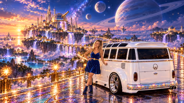 Blonde Iridella in Rainbow Brite-inspired clothing beside the pearl-white custom Volkswagen Samba Starlite at Moonhush, with an expansive fantasy landscape.