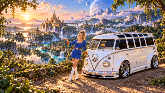 Blonde Iridella in Rainbow Brite-inspired clothing beside the pearl-white custom Volkswagen Samba Starlite at Pawprint Hollow, with an expansive fantasy landscape.