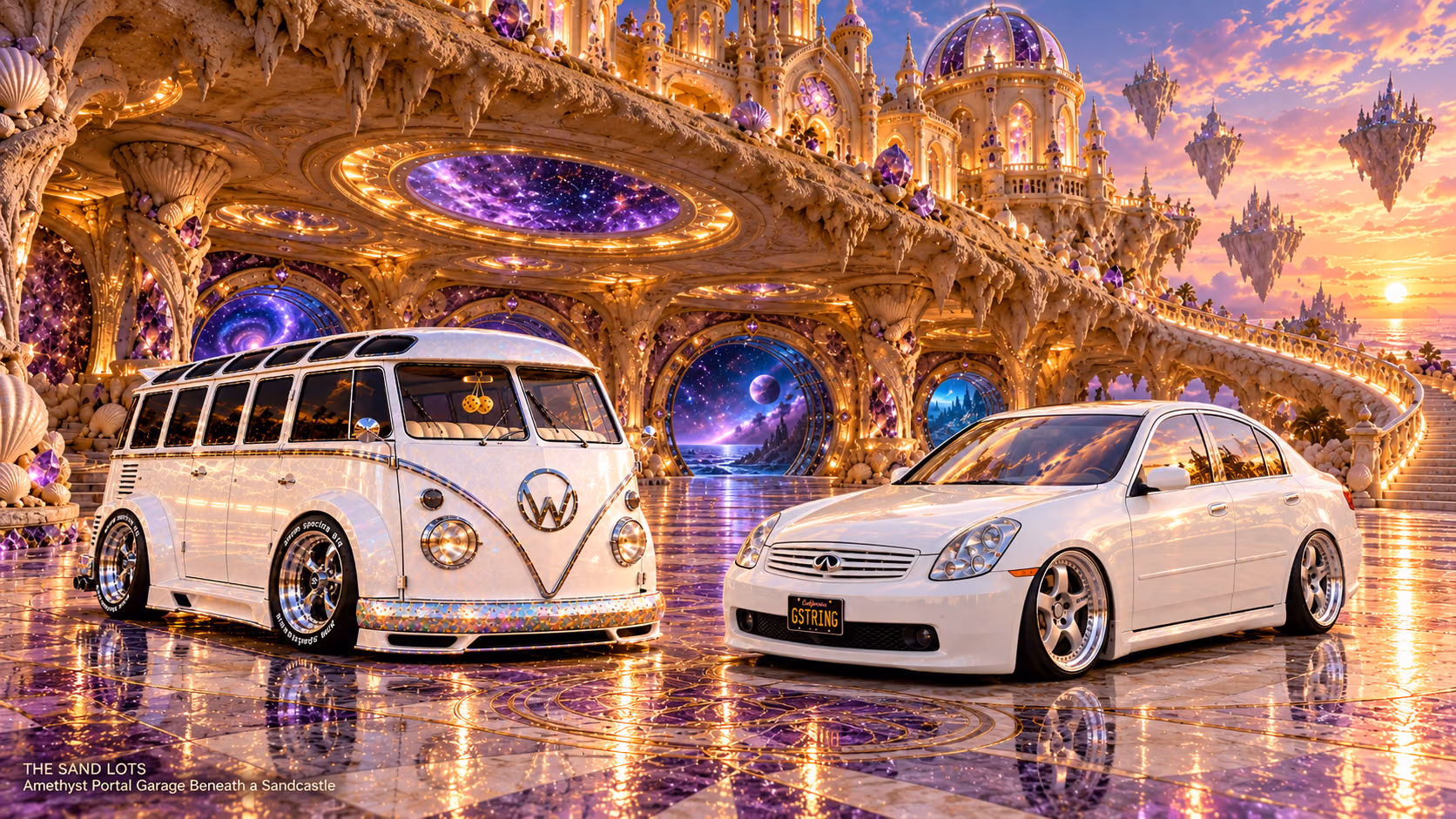Starlite, a pearl-white custom Volkswagen Samba, parked beside Tony’s white 2006 Infiniti G35x at Amethyst Portal Garage Beneath a Sandcastle on The Sand Lots. A wide fantasy landscape with a discreet location caption at bottom left.