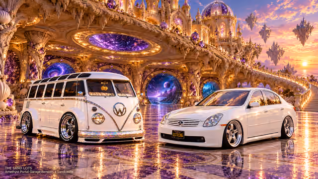 Starlite, a pearl-white custom Volkswagen Samba, parked beside Tony’s white 2006 Infiniti G35x at Amethyst Portal Garage Beneath a Sandcastle on The Sand Lots. A wide fantasy landscape with a discreet location caption at bottom left.