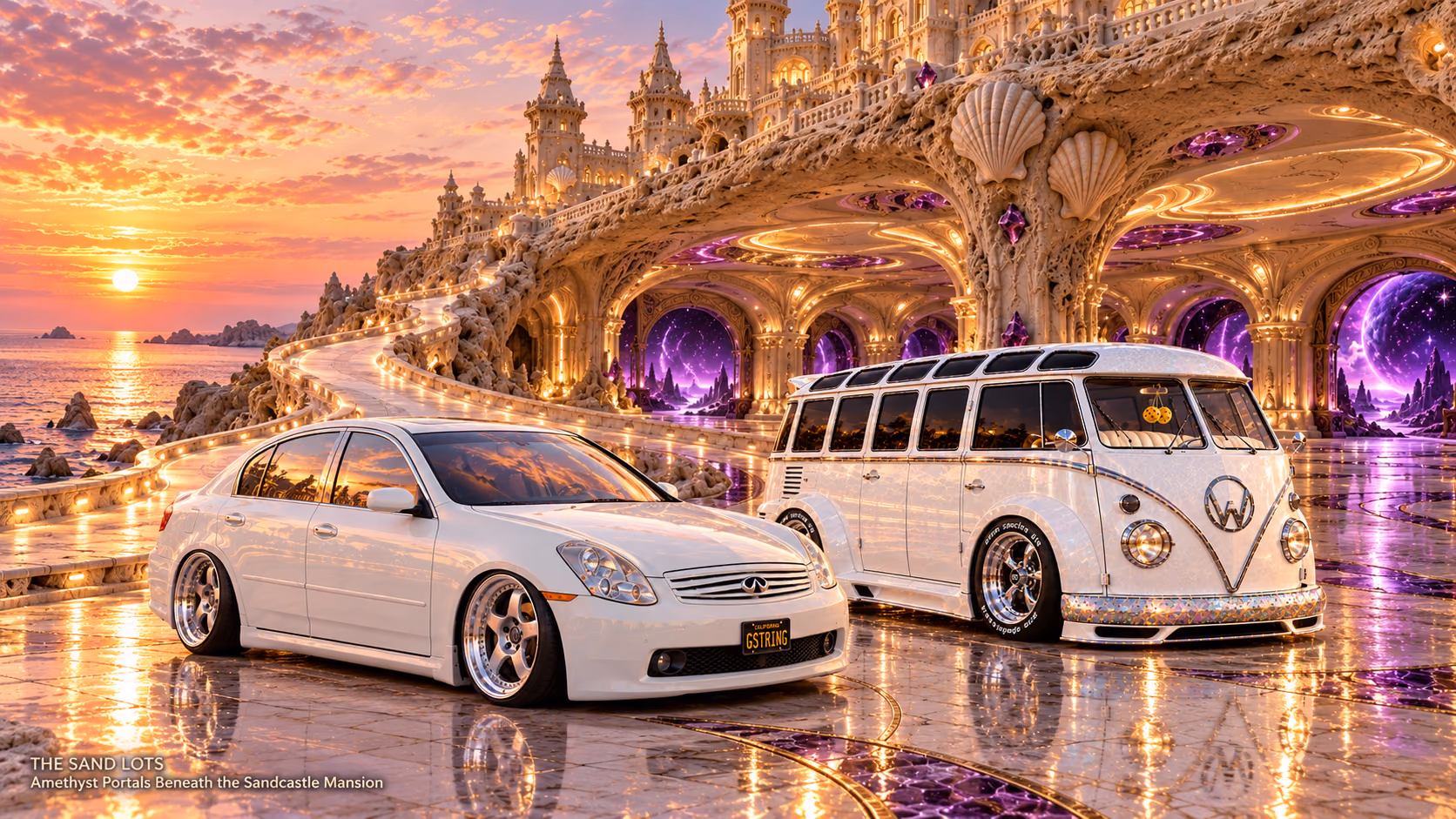 Starlite, a pearl-white custom Volkswagen Samba, parked beside Tony’s white 2006 Infiniti G35x at Amethyst Portals Beneath the Sandcastle Mansion on The Sand Lots. A wide fantasy landscape with a discreet location caption at bottom left.