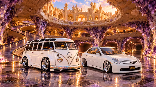 Starlite, a pearl-white custom Volkswagen Samba, parked beside Tony’s white 2006 Infiniti G35x at Amethyst cavern garage beneath a sand mansion on The Sand Lots. A wide fantasy landscape with a discreet location caption at bottom left.