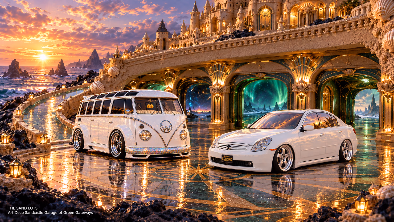 Starlite, a pearl-white custom Volkswagen Samba, parked beside Tony’s white 2006 Infiniti G35x at Art Deco Sandcastle Garage of Green Gateways on The Sand Lots. A wide fantasy landscape with a discreet location caption at bottom left.