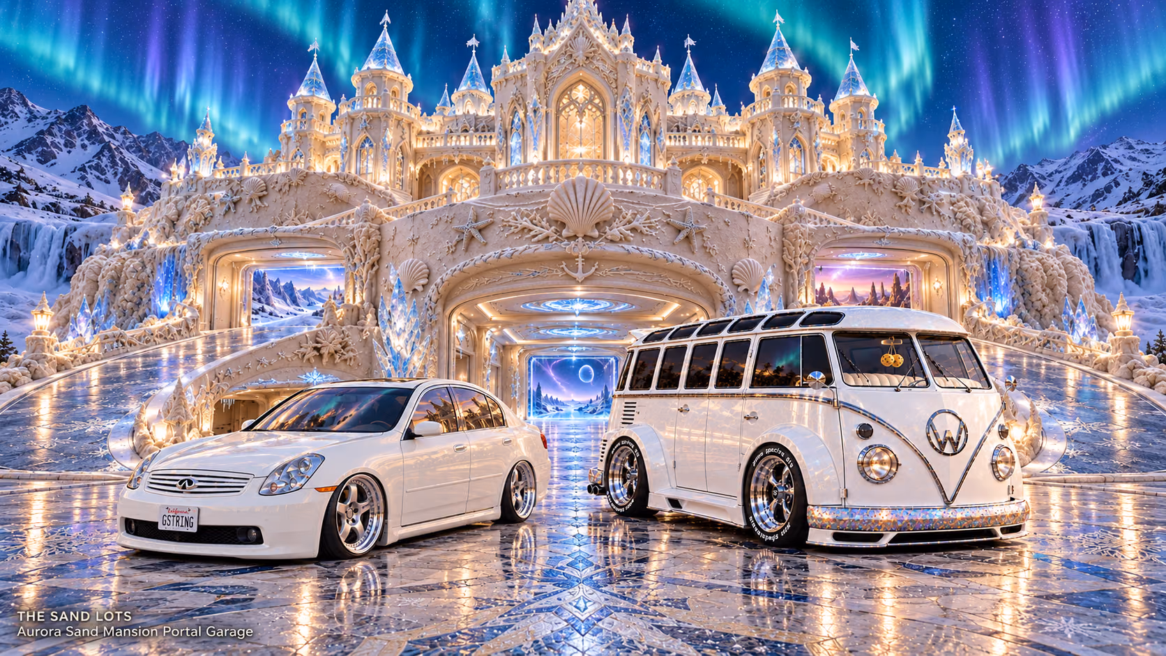 Starlite, a pearl-white custom Volkswagen Samba, parked beside Tony’s white 2006 Infiniti G35x at Aurora Sand Mansion Portal Garage on The Sand Lots. A wide fantasy landscape with a discreet location caption at bottom left.