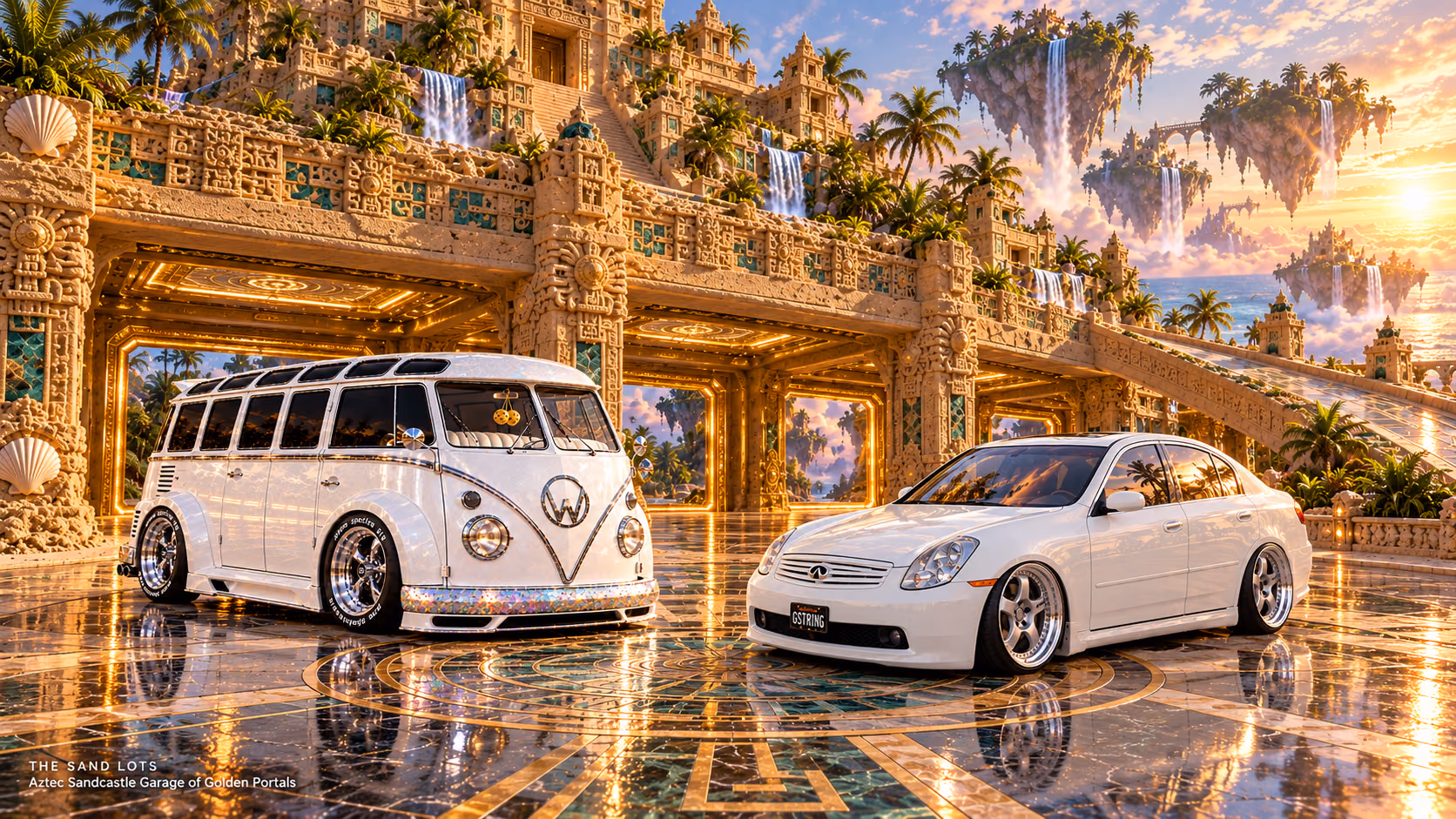 Starlite, a pearl-white custom Volkswagen Samba, parked beside Tony’s white 2006 Infiniti G35x at Aztec Sandcastle Garage of Golden Portals on The Sand Lots. A wide fantasy landscape with a discreet location caption at bottom left.
