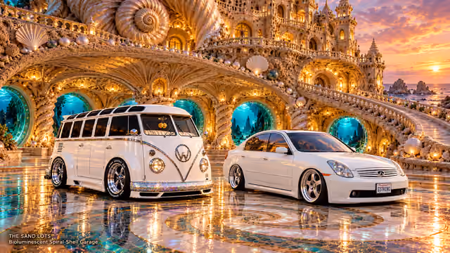 Starlite, a pearl-white custom Volkswagen Samba, parked beside Tony’s white 2006 Infiniti G35x at Bioluminescent Spiral-Shell Garage on The Sand Lots. A wide fantasy landscape with a discreet location caption at bottom left.